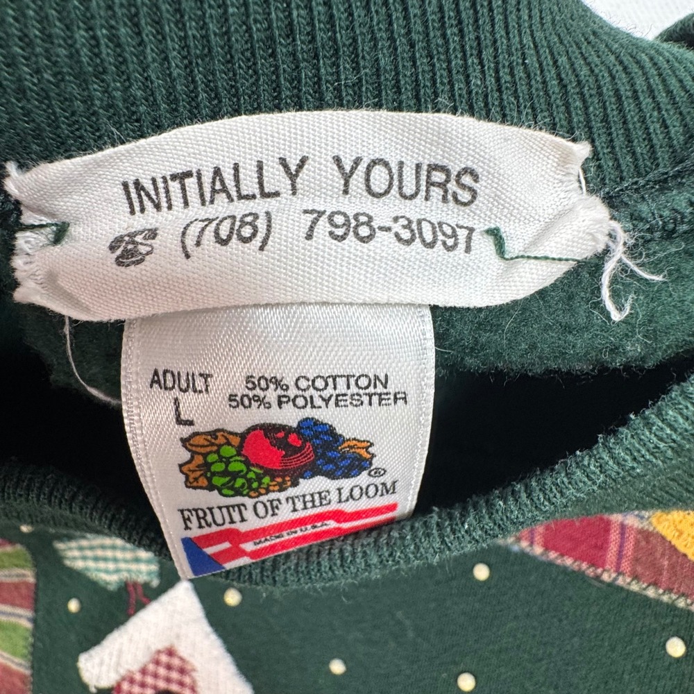 Vintage Fruit of the Loom Snowman Christmas Sweatshirt Green Large Made in USA - Picture 7 of 10